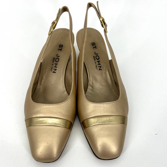 St. John Italy Gold Leather Slingback Heels Shoes Size 8 with Box and dust bag - Picture 3 of 10